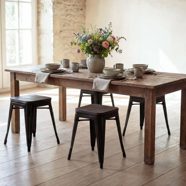4er-Set MCW Hocker A73 im Industriedesign mit Holz-Sitzfläche aus Ulme und Metallgestell, schwarz, stapelbar - Bild 1