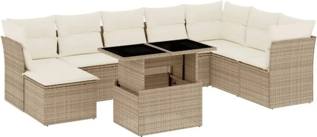 vidaXL 9-teilige Garten-Sofagarnitur in L-Form aus Poly-Rattan in Beige mit UV-beständigen Kissen und Stahlgestell - Bild 1