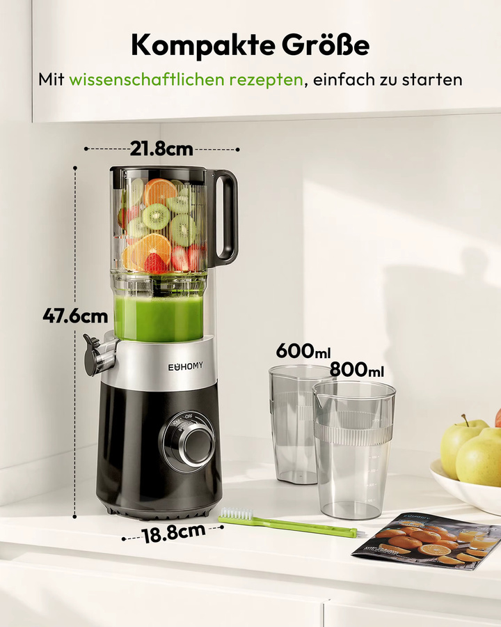 EUHOMY Kaltpressentsafter Slow Juicer mit Dreifachfiltersystem und 135mm Einfüllschacht, 220W, Schwarz, 0,7l für Obst und Gemüse - Bild 2