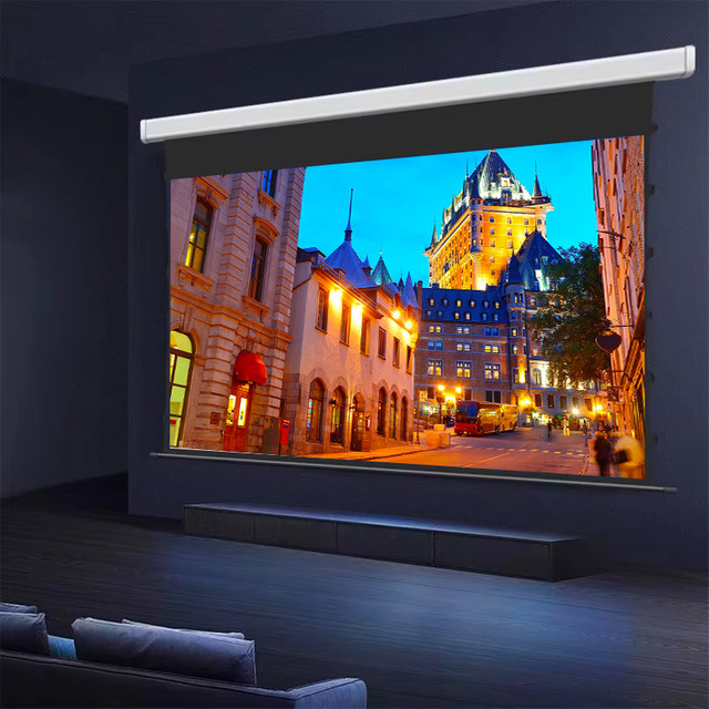 Yovanxer Motorisierte Tab-Spannungsprojektor-Leinwand in Weiß, 60–150 Zoll, für Langwurf-Projektoren, 4K und 3D unterstützt - Bild 1