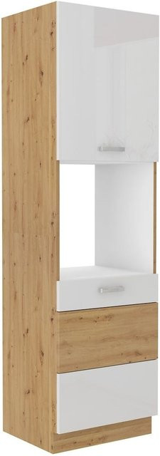 Küchen Hochschrank in Eiche und Weiss Hochglanz mit Einlegeböden Breite: 60 cm - Bild 1