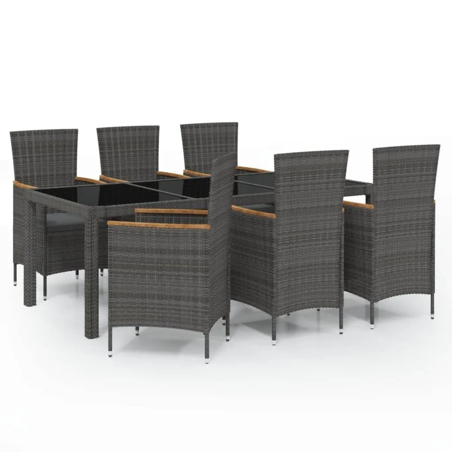 vidaXL 7-tlg Garten-Essgruppe aus Poly Rattan mit Hartglas-Tischplatte und Auflagen in Schwarz und Grau - Bild 2