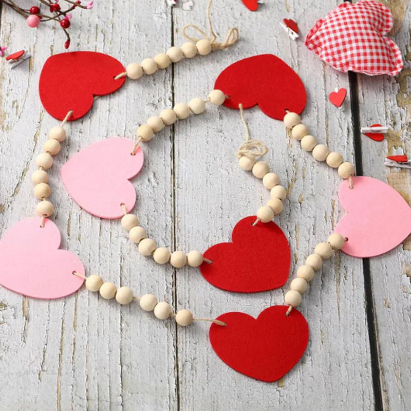 TOMTOP JMS Valentinstag-Dekoration mit Filzherzen und Holzperlengirlande in Rot und Rosa, hängendes Deko-Ornament für Hochzeit und Valentinstag, Länge: 230 cm - Bild 6