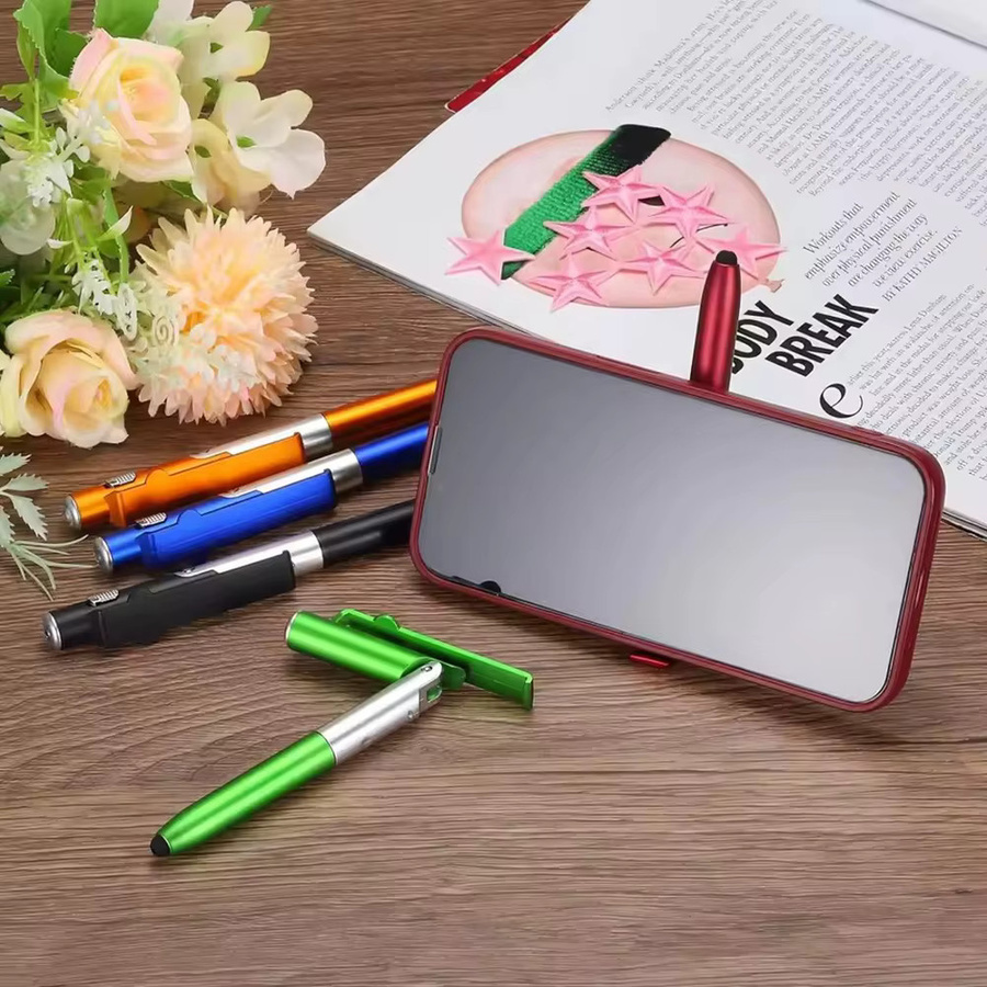 4-in-1 Multifunktionsstift mit LED-Licht und faltbarem Telefonständer, schwarzer Kugelschreiber aus Kunststoff für Büro und Schule - Bild 2