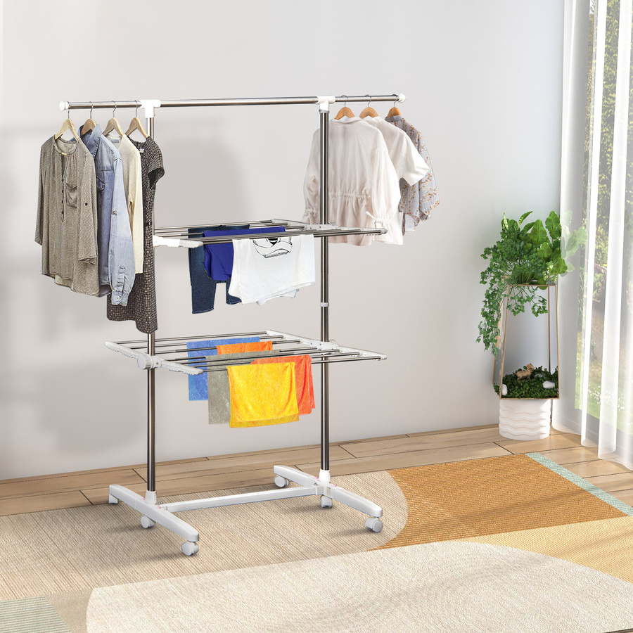 HOMCOM Mobiler Wäscheständer als Wäschetrockner-Turm mit 2 Ebenen, klappbar mit Seitenflügeln und Rollen, Edelstahl und Kunststoff, Silber/Weiß, Höhe: 154 cm, Breite: 136 cm, Tiefe: 62 cm - Bild 2