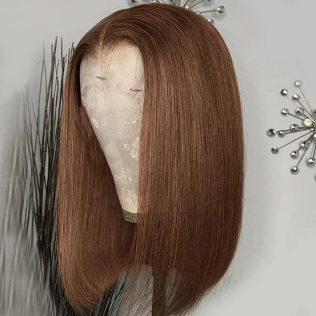 Ainmeys Bob-Perücke, Schokoladenbraun, kurz, glatt, Echthaar, 13x4 HD Lace-Frontal - Bild 1