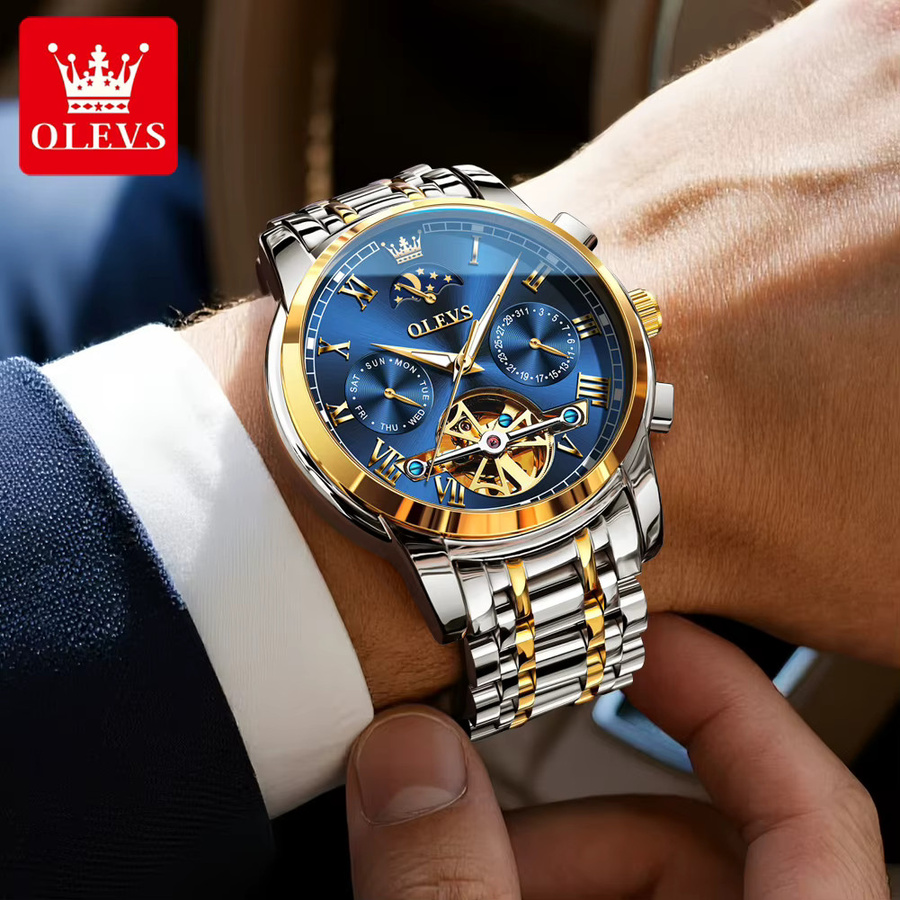 OLEVS Armbanduhr Automatik, Edelstahl, Blau, Herren, Mondphase, Datum - Bild 4