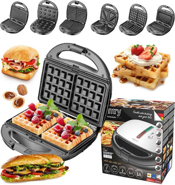 Camry 6-in-1 Sandwichtoaster mit 1200 W und antihaftbeschichteten Platten in Silber/Grau - Bild 1