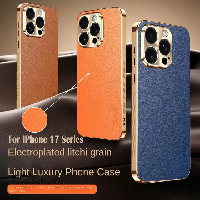 Linsenschutz-Rückgehäuse für Apple iPhone 17 Air, iPhone 16 E, iPhone 15, iPhone 14 und iPhone 13 Pro Max aus Rindsleder mit Litschi-Textur und galvanisiertem Rahmen in Blau - Bild 1