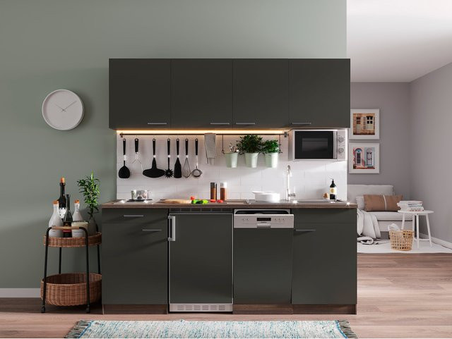 Respekta Küchenzeile KB195EYGMI in Grau-Eiche York Nachbildung mit internen Schubladen und mattem Finish, Breite: 195 cm - Bild 1