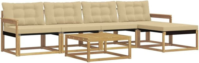 vidaXL Outdoor-Sofagarnitur 6-teilig aus Akazienholz mit Textilene-Polstern in Weiß und Beige - Bild 1