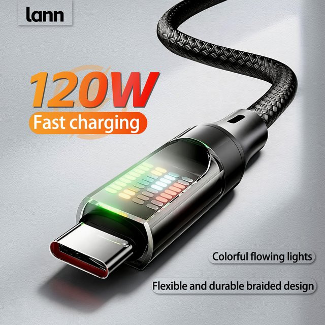 Lann USB-C auf USB-C Schnellladekabel 120W mit LED-Anzeige und Nylon-Ummantelung in Schwarz - Bild 1