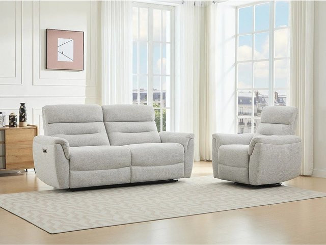 Vente-unique Couchgarnitur Brevio in Hellgrau bestehend aus einem 3-Sitzer-Sofa und einem elektrischen Relaxsessel aus Strukturstoff - Bild 1