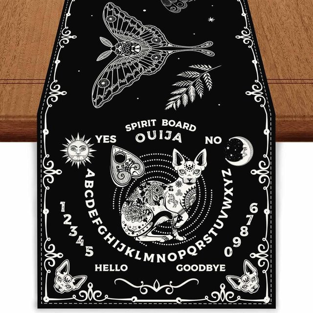 JMG Household Supplies Leinen Tischläufer Mottenmagie Schwarze Katze Boho Astrologie Tarot Dekoration, Farbe: Schwarz, Breite: 150 cm, Tiefe: 33 cm - Bild 1
