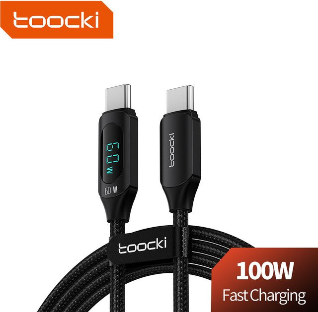 Toocki PD100W USB-C auf USB-C Schnellladekabel mit Digitalanzeige in Schwarz für iPhone 16 15, MacBook und iPad - Bild 1