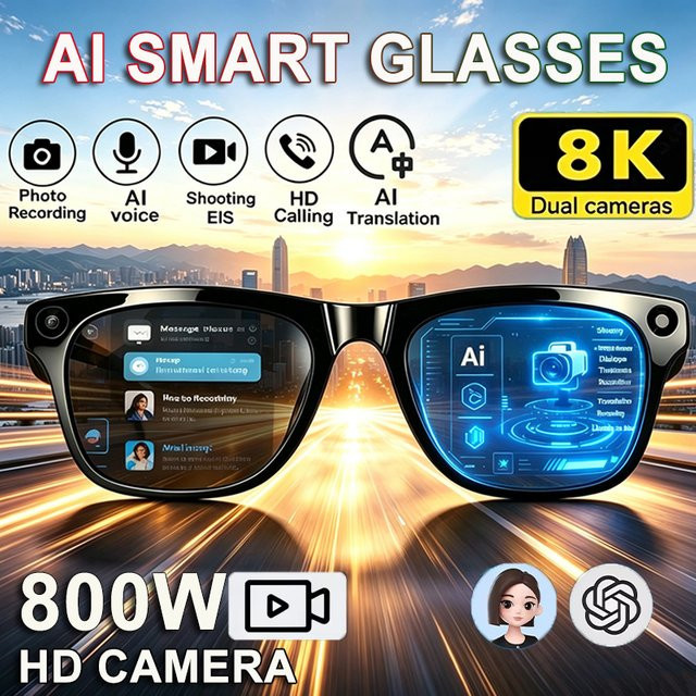 KI-Smart-Brille mit KI-Übersetzung, 8MP HD-Kamera, 4K-Aufnahme, Bildkonversation und Musikwiedergabe in Schwarz oder Weiß - Bild 1