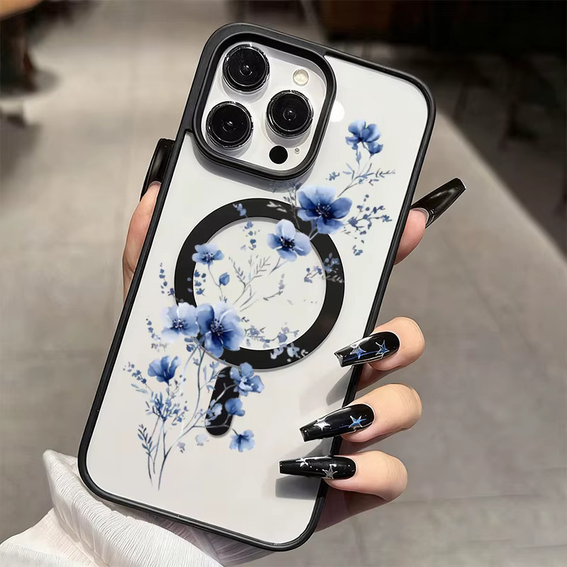 Transparente Magnetische Handyhülle mit blauem Blumenmuster für Apple iPhone 17 16 15 14 13 12 11 Pro Max Plus Air Stoßfester Schutz - Bild 1