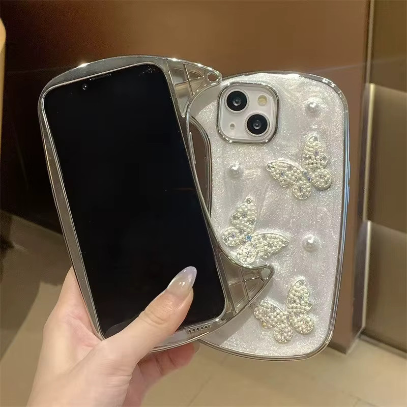 MUQGEW Handyhülle mit 3D-Glitzer-Perlen und Schmetterlings-Design für iPhone, inklusive Lederband und stoßfestem Schutz, Farbe: Weiß - Bild 3