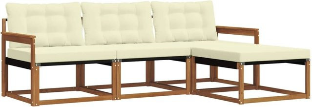 vidaXL Outdoor-Sofagarnitur 4-teilbig aus Akazienholz mit Kissen in L-Form, Farbe Beige und Weiß - Bild 1