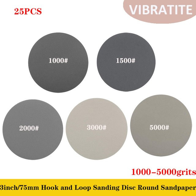 VIBRATITE Schleifscheiben Set 25 Stück für Nass-Trocken-Schleifarbeiten, Durchmesser: 7,6 cm, Körnung 1000–5000 für Metall und Holz - Bild 1