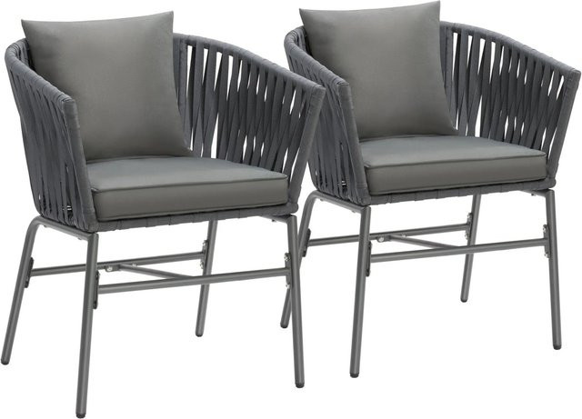 tectake Stuhlset Valeiras 2er Set mit Geflecht im Rope-Design und abnehmbaren Polyesterbezügen in Grau, B/T/H: 60 x 61 x 77 cm - Bild 2