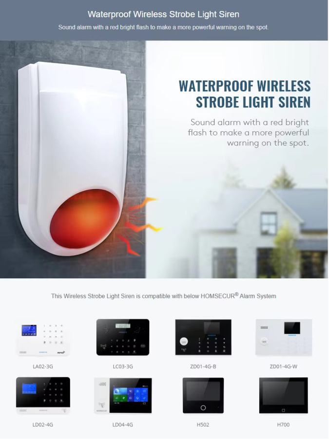 HOMSECUR Drahtlose Blitzsirene E6 mit rotem LED-Licht für Innen- und Außenbereich, 120 dB, kompatibel mit GSM WIFI 4G Alarmsystemen - Bild 2
