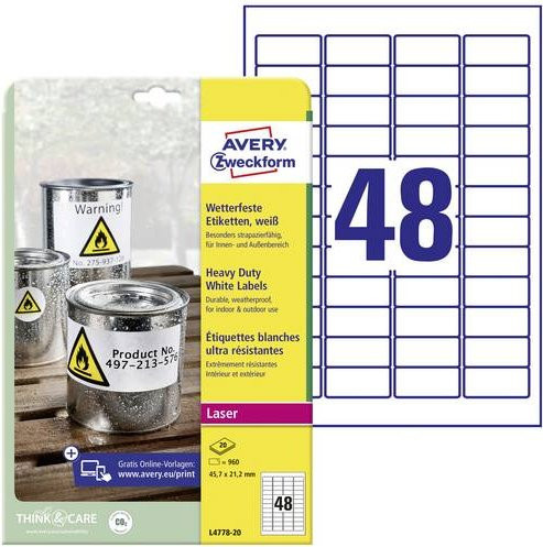 Avery Zweckform L4778-20 Wetterfeste Folien-Etiketten für Laserprinter, Weiß, 960 Stück, Breite: 45,7 mm, Höhe: 21,2 mm - Bild 1
