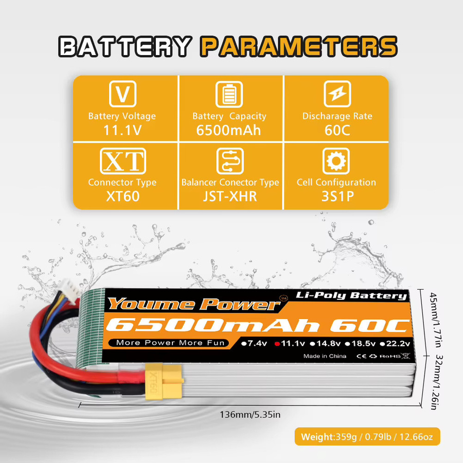 Youme 3S 6500mah Lipo Batterie 11,1V T XT60 60C für RC FPV Flugzeuge Drone Racing Boot Auto - Bild 2