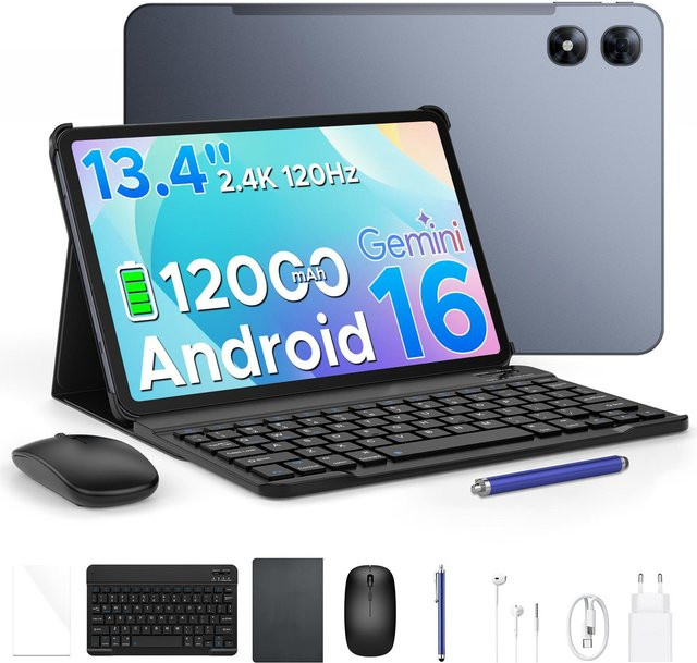 POCKAM P13 Pro Tablet 13,4 Zoll mit Android 16, 48GB RAM, 256GB Speicher, 2,4K 120Hz Display, Octa-Core, 12000mAh Akku, 5G, WIFI, 4G LTE, inklusive Tastatur und Hülle, grau - Bild 1