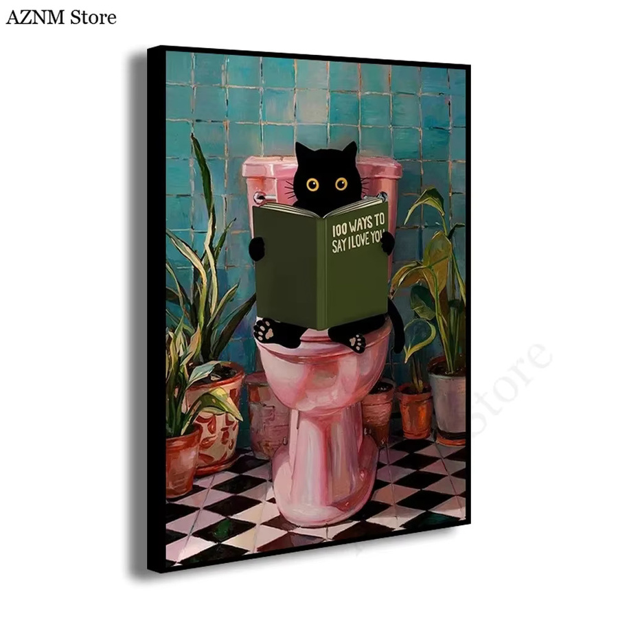 Potdemiel Leinwand Wandbild Badezimmer Katze liest auf Toilette Kunstdruck Motiv Lustiges Tier Dekoration Mehrfarbig ungerahmt - Bild 2