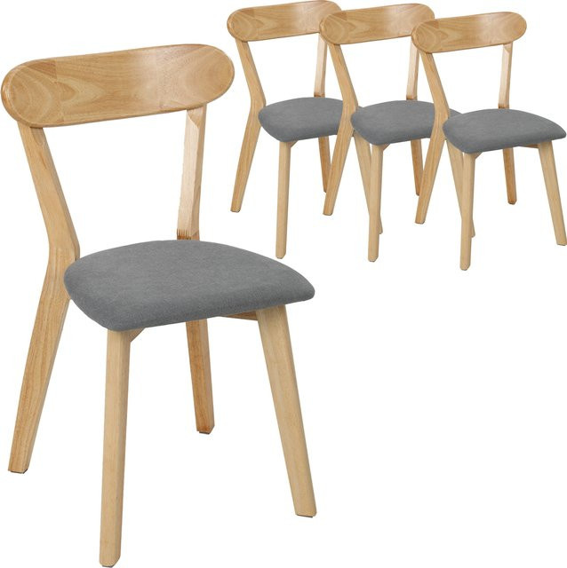 Aosom HOMCOM Set mit 4 Esszimmerstühlen im Mid-Century-Stil, gepolsterte Sitzfläche in Leinenoptik, geschwungene Rückenlehne, Füße aus Gummibaumholz, Grau und Naturholz - Bild 1