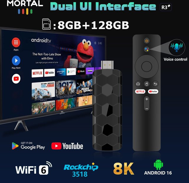 Mortal R3+ TV-Stick mit Android 16.0, RK3518, WiFi 6, 8 GB RAM, 128 GB ROM, Google Sprachfernbedienung und 4K UHD HDR10 Streaming-Media-Player in Schwarz - Bild 1