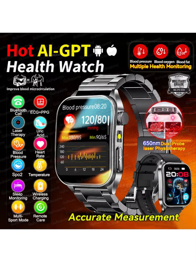 GUHUAVMI Smartwatch mit AI-GPT Diagnose, EKG, Blutdruck, Lipid- und Harnsäure-Messung sowie 650 nm Dual-Probelaser zur Herz-Analyse, in Schwarz oder Blau - Bild 6