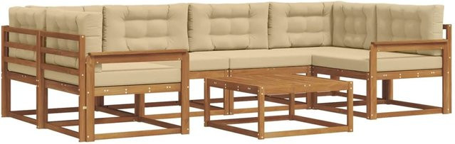 vidaXL Outdoor-Sofagarnitur L-Form aus Akazienholz mit 7 Kissen in Natur und Beige - Bild 1