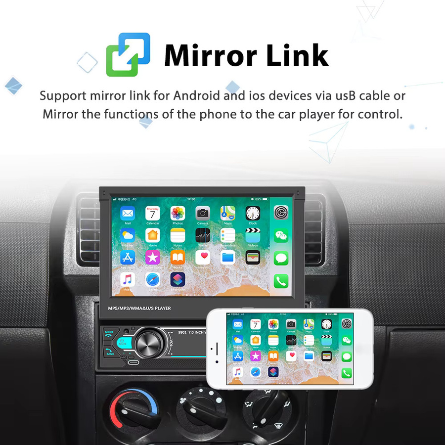 Camecho 1 Din Autoradio mit 7 Zoll ausfahrbarem Screen, MP5 Multimedia Player, Bluetooth, Mirrorlink, USB/Typ-C und AUX in Schwarz - Bild 4