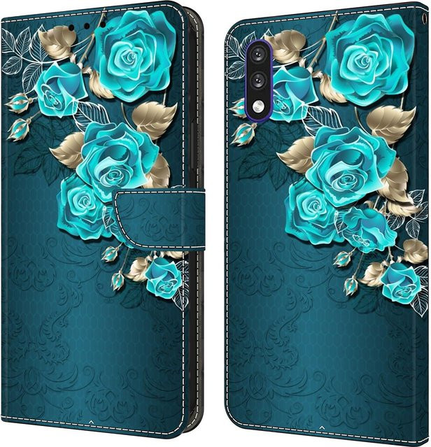 Samsung Brieftaschen-Hülle aus floralem PU-Leder in Blau mit Kartenhalter, Ständer und Handgelenkschlaufe für Galaxy S24 S23 S22 Plus Ultra A15 A05S A24 A34 S10 - Bild 1