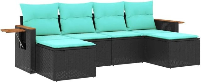 vidaXL 6-tlg. Garten-Sofagarnitur in L-Form aus Polyrattan und Metall mit Kissen in Schwarz und Blau - Bild 1
