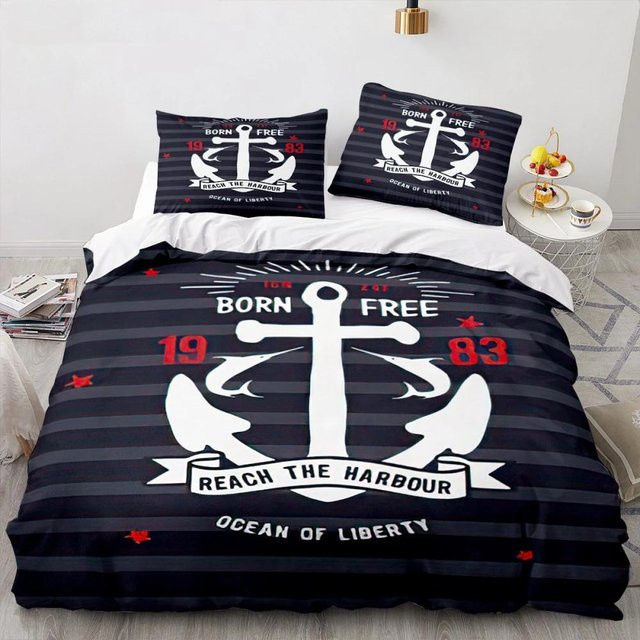 Nautisches Bettwäsche-Set Your Warm Home mit Anker- und Segelschiff-Print, Blau, 3-teilig, B/H: 140 x 200 cm - Bild 1