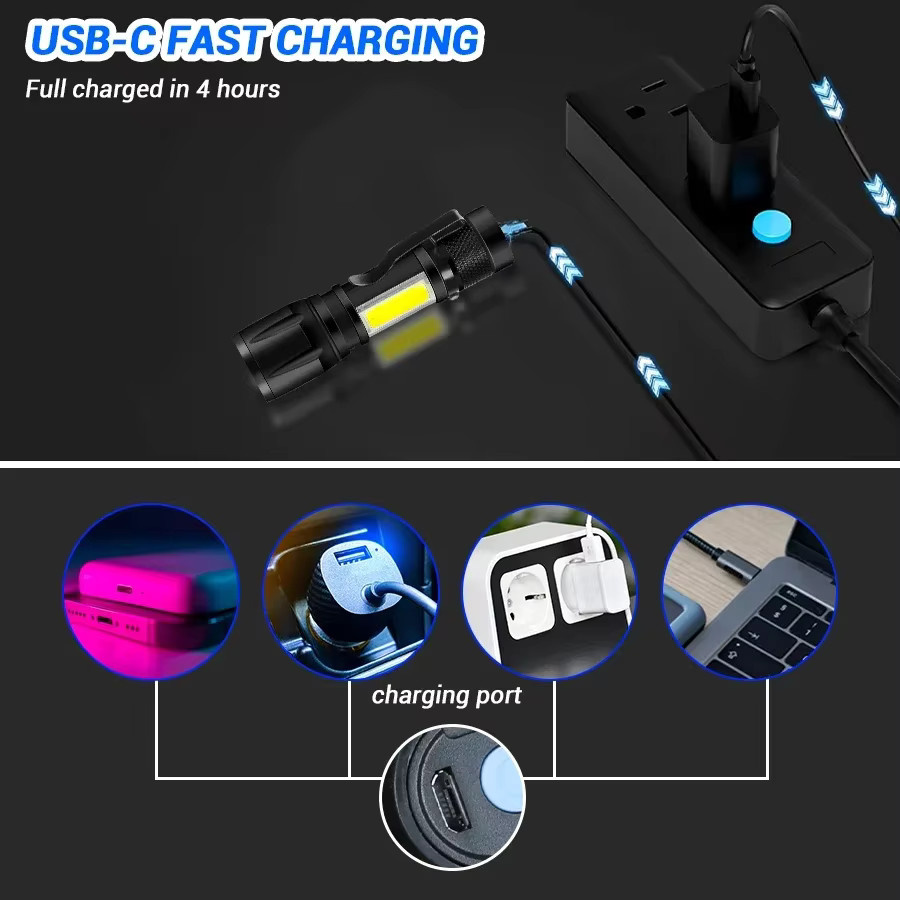 XIWANGFIRE Mini Taschenlampe mit COB und XPE LED, wiederaufladbare taktische Taschenlampe mit Zoom für Camping und Notfälle, Schwarz - Bild 4