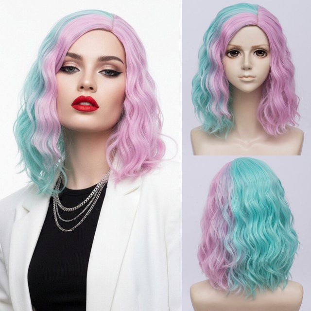 VICWIG Perücke, kurzer gewellter Bob mit Teillinie, rosa Ombre-Grün, Damen - Bild 1