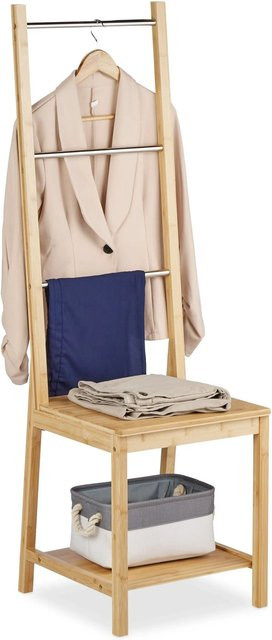 Relaxdays Herrendiener aus Bambus und Edelstahl mit Sitzfläche in Natur und Silber, H x B x T: 133 x 40 x 42 cm - Bild 1