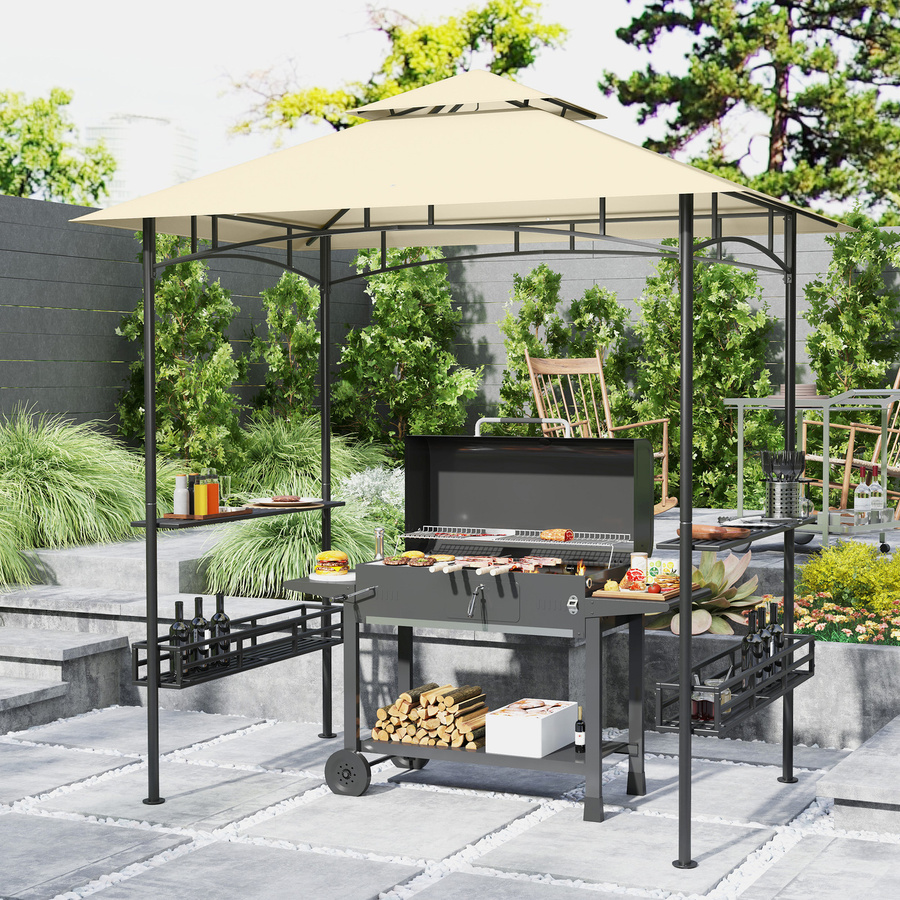 Outsunny Grillpavillon Beige aus Stahl mit Doppeldach und Seitenregalen, B/T/H: 240 x 150 x 257 cm - Bild 2