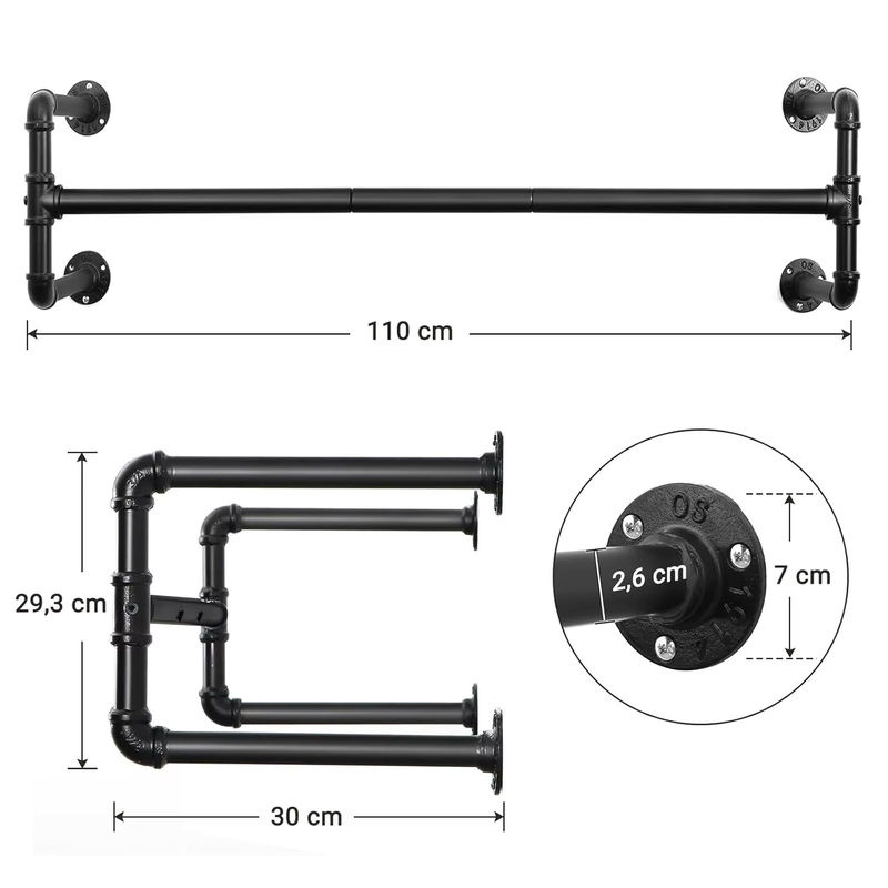SONGMICS Kleiderstange Set aus Metall für Wandmontage, Schwarz Matt, 2 Stück, Belastbarkeit bis 60 kg - Bild 5