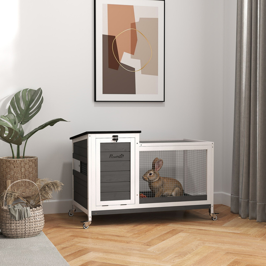 Aosom PawHut Kaninchenstall aus Holz mit Freilaufgehege, Klappdach und ausziehbarem Tablett, Dunkelgrau, B/T/H: 92 x 52 x 67 cm - Bild 2