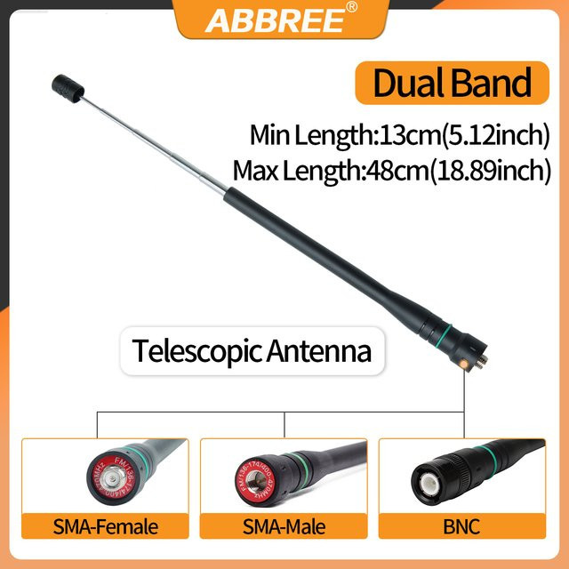 Abbree AR-775 Teleskop Antenne Dual Band in Schwarz mit SMA-Weiblich/Männlich und BNC für Quan Sheng UV K5 K6, Baofeng UV-5R und BF-888S Funkgeräte - Bild 1