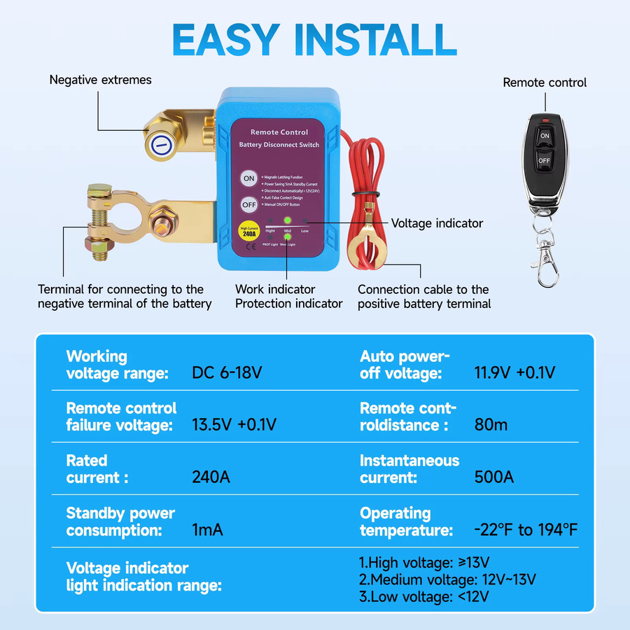 CNSPEED Batterietrennschalter mit Fernbedienung für PKW und LKW, 12 V, 240 A, blau/rot - Bild 4