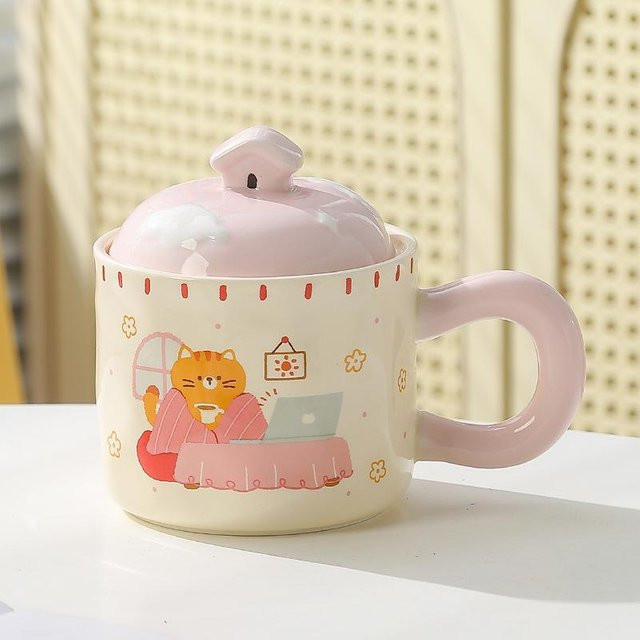 Niedliche Cartoon Keramiktasse mit Deckel von Yiran bag in Pink, 400 ml - Bild 1