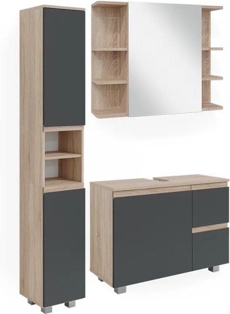 Vicco Badmöbelset J-Shape in Sonoma und Anthrazit, modernes 3-teiliges Badezimmer-Set mit Hochschrank, Waschtischunterschrank und Spiegelschrank - Bild 2