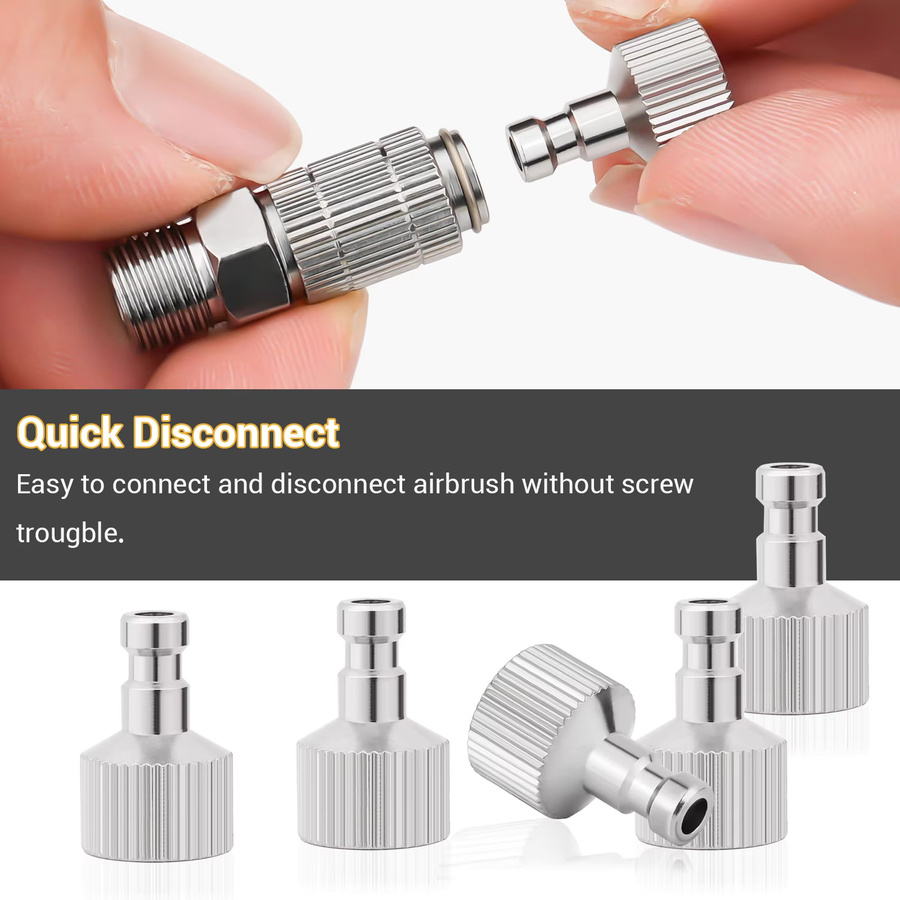 NEOECO Airbrush Schnellkupplungs-Entriegelungsanschlussstopfen 6er Set, 1/8 Zoll BSP-Adapter für männliche und weibliche Anschlüsse, Farbe: Silber - Bild 2