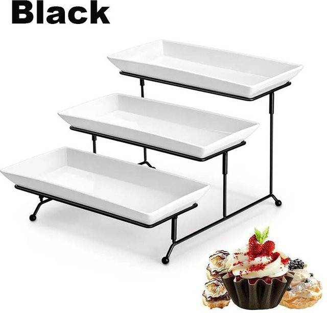 Dreistöckiger rechteckiger Dessertständer aus Metall und Keramik in Schwarz für Kuchen und Gebäck - Bild 1